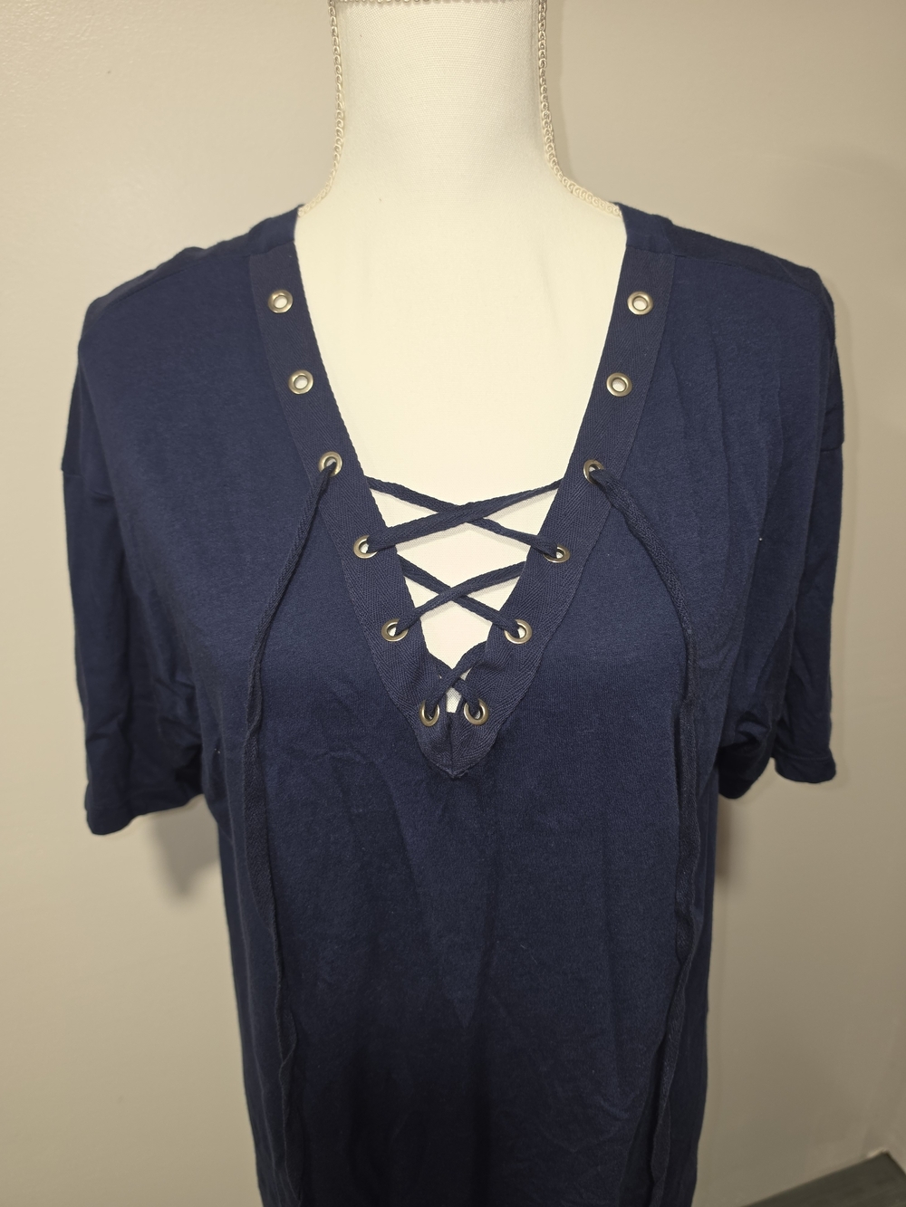 Michael Stars Navy Lace-Up V-Neck T-Shirt Midi Dress Womens Size Small - Picture 2 of 7